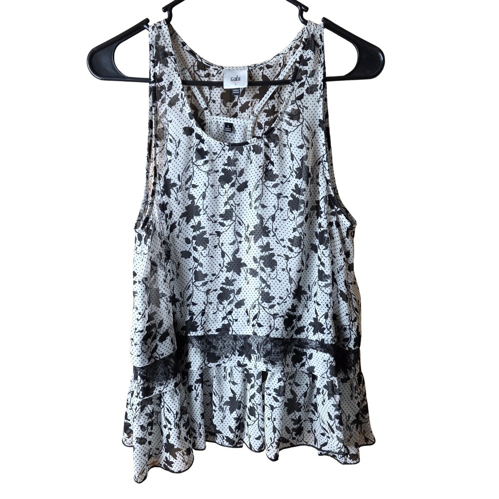 Cabi Womens Small Floral Chiffon Tank Top Lace Trim Peplum Racerback Sleeveless